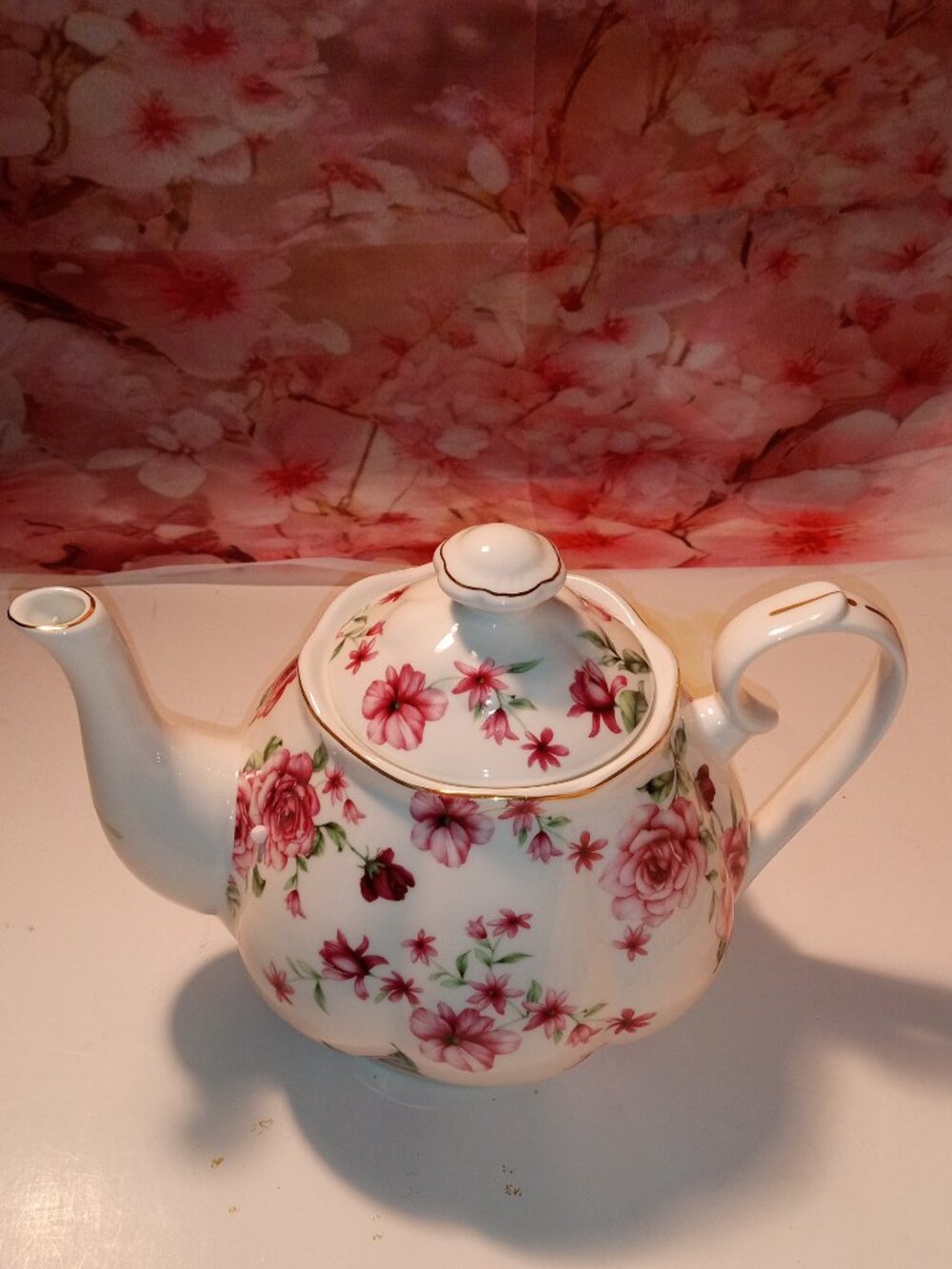 BTaT FLORAL TEAPOT WHITE WITH PINK ROSES & GOLD TRIM, PORCELAIN TEAPOT CERAMIC